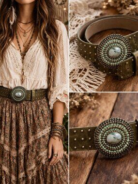 Streets Ahead Studded Leather Belt Statement Buckle Stone Wide Boho Western M